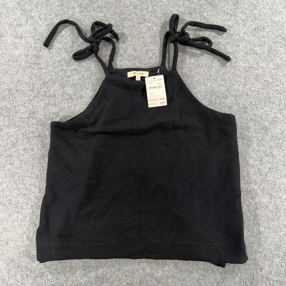 Madewell Black Ribbed Tie Strap Tank Top M BK5229 High Neck Textured Knit